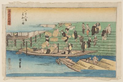 Boten Aanmeren bij Hachikenya (Hachikenya chakusen no zu) door Ando or Utagawa Hiroshige
