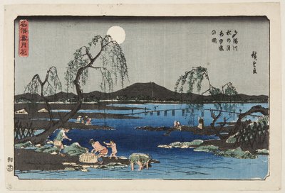 Vangen van zoetwatervissen in de Tama-rivier onder de herfstmaan door Ando or Utagawa Hiroshige