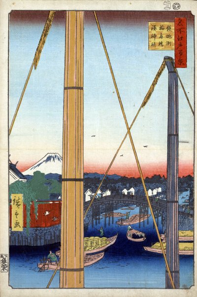 Honderd beroemde gezichten van Edo: de Inari-brug en de Minato-tempel in Teppozu door Ando or Utagawa Hiroshige