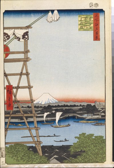Honderd beroemde uitzichten van Edo: Ekoin-tempel in Ryogoku en Moto-Yanagi-brug door Ando or Utagawa Hiroshige