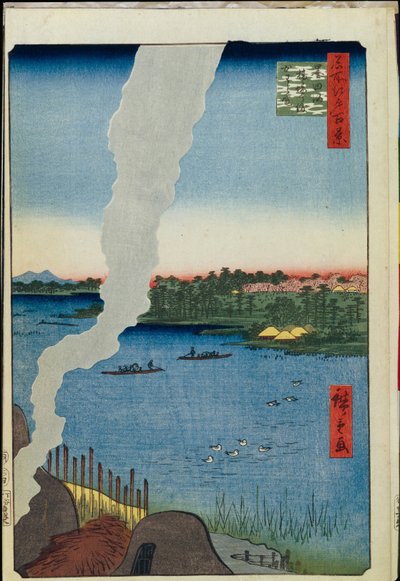 Honderd beroemde uitzichten van Edo: Ovens en de Hashiba-veerboot op de Sumida-rivier door Ando or Utagawa Hiroshige