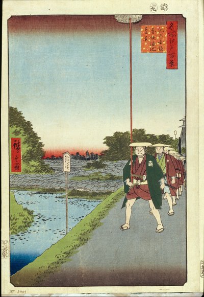Honderd beroemde uitzichten van Edo: Kinokuni-heuvel en verre uitzicht op Akasaka en de Tameike-vijver door Ando or Utagawa Hiroshige