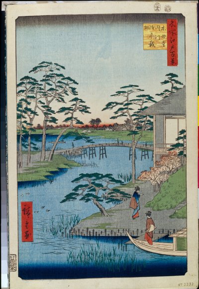 Honderd beroemde uitzichten van Edo: Mokuboji-tempel en groentevelden aan de Uchigawa-inham door Ando or Utagawa Hiroshige