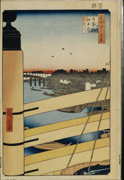 Honderd beroemde uitzichten van Edo: Nihonbashi en Edobashi bruggen door Ando or Utagawa Hiroshige
