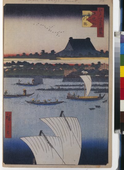 Honderd beroemde uitzichten van Edo: Teppozu en Tsukiji Monzeki-tempel door Ando or Utagawa Hiroshige