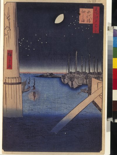 Honderd beroemde uitzichten van Edo: Tsukudajima en Eitai-brug door Ando or Utagawa Hiroshige