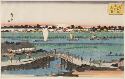 Kersenbloesems in volle bloei langs de Sumida-rivier door Ando or Utagawa Hiroshige