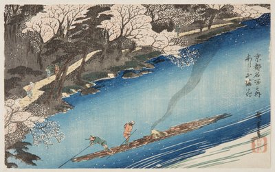 Kersenbloesems in volle bloei in Arashiyama door Ando or Utagawa Hiroshige