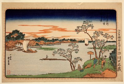 Kersenbomen in blad naast de Sumida-rivier, uit de serie Beroemde plaatsen in de oostelijke hoofdstad, ca. 1831 (kleur houtsnede) door Ando or Utagawa Hiroshige
