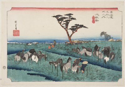 Chiryu: Vroege zomer paardenmarkt door Ando or Utagawa Hiroshige