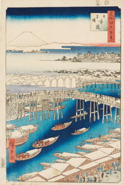 Opklaring na sneeuw bij Nihonbashi-brug door Ando or Utagawa Hiroshige