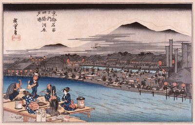 Koelte van de avond aan de Shijo-rivierbedding, uit de serie Beroemde plaatsen van Kyoto door Ando or Utagawa Hiroshige