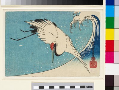 Kraanvogel in vlucht over een brekende golf door Ando or Utagawa Hiroshige