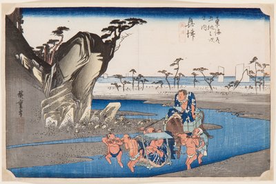 Twee worstelaars die de Okitsu-rivier oversteken door Ando or Utagawa Hiroshige