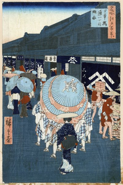 Japanse prent: Uitzicht op de hoofdstraat van Nihonbashidori door Ando or Utagawa Hiroshige