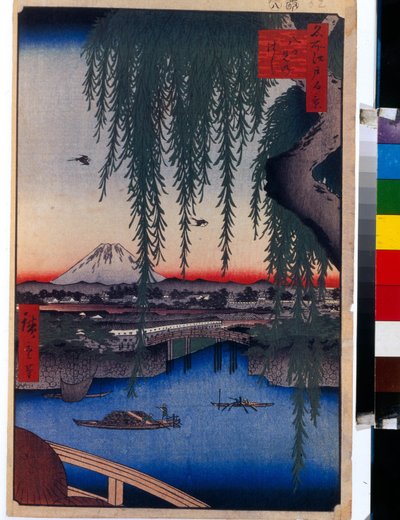 Japanse prent: Uitzicht op de Yatsumi-brug (Tokio, Japan). Serie honderd beroemde uitzichten van Edo door Ando or Utagawa Hiroshige