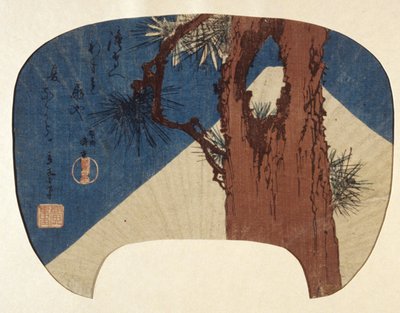 Fan Print: Pijnboom & Mt. Fuji door Ando or Utagawa Hiroshige