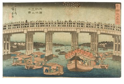 Vuurwerk in de koelte van de avond bij de Ryogoku-brug uit de serie Beroemde plaatsen in Edo - Nieuw geselecteerd door Ando or Utagawa Hiroshige