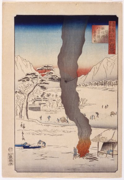 Vissen bij het Suwa-meer in Shinano door Ando or Utagawa Hiroshige