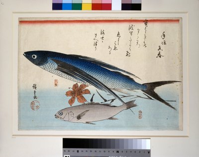 Vliegende vis, ishimochi vis en lelie door Ando or Utagawa Hiroshige