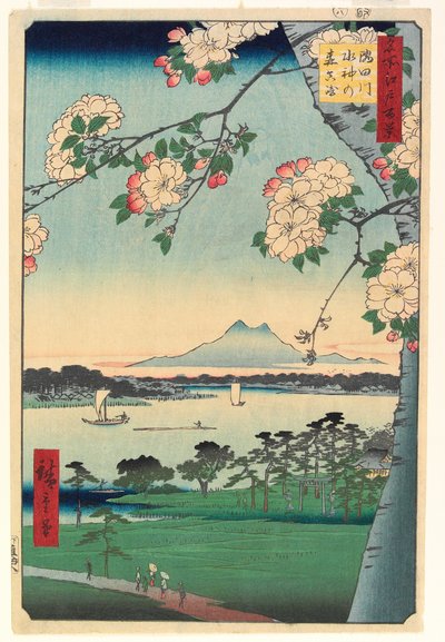 Bos van Suijin-schrijn en Masaki aan de Sumida-rivier, 1856, 8e maand door Ando or Utagawa Hiroshige