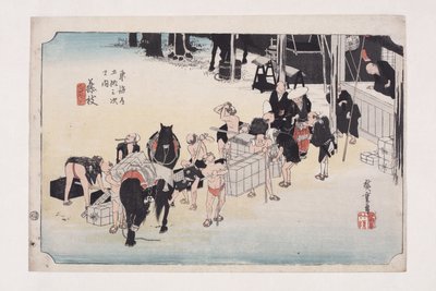 Fujieda: Wisselen van Dragers en Paarden door Ando or Utagawa Hiroshige