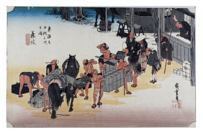 Fujieda: Overdracht van paard naar mankracht. Uit de serie De drieënvijftig staties van de Tokaido, ca. 1831-1834 (houtsnede op papier) door Ando or Utagawa Hiroshige