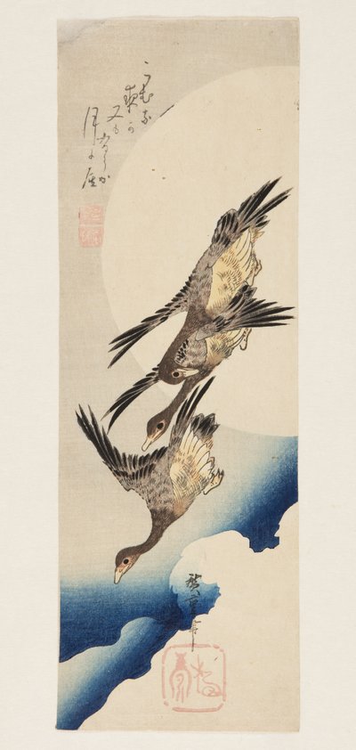 Ganzen vliegen over Volle Maan door Ando or Utagawa Hiroshige