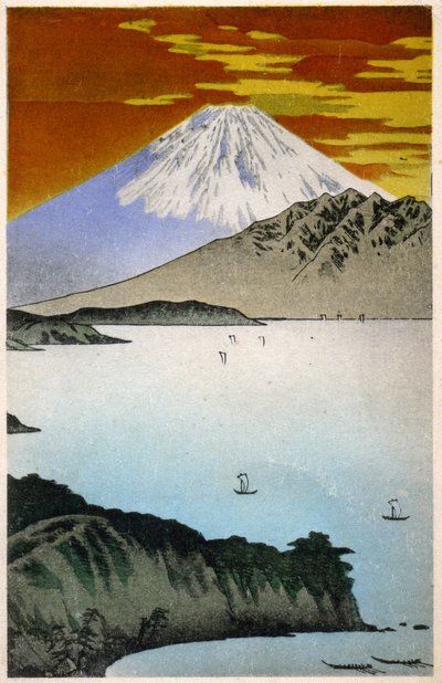 Geografie. Japan. Zonsopgang op de berg Fuji. Houtsnede door Hiroshige in: Drieënvijftig stations van de Tokaido (1833-1834). Ansichtkaart, Japan, ca. 1900 door Ando or Utagawa Hiroshige