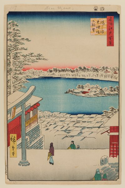 Uitzicht op heuveltop, Yushima Tenjin Shrine door Ando or Utagawa Hiroshige