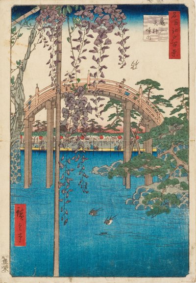 Binnen in Kameido Tenjin Schrijn door Ando or Utagawa Hiroshige