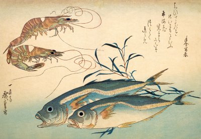Japanse horsmakreel en Japanse tijgergarnaal door Ando or Utagawa Hiroshige
