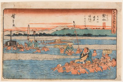 Kanaya juku (oversteek van een brede rivier), bij Shimada. Uit de serie 53 stations van de Tokaido door Ando or Utagawa Hiroshige