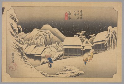Kanbara: Nacht sneeuw (kleur houtsnede) door Ando or Utagawa Hiroshige