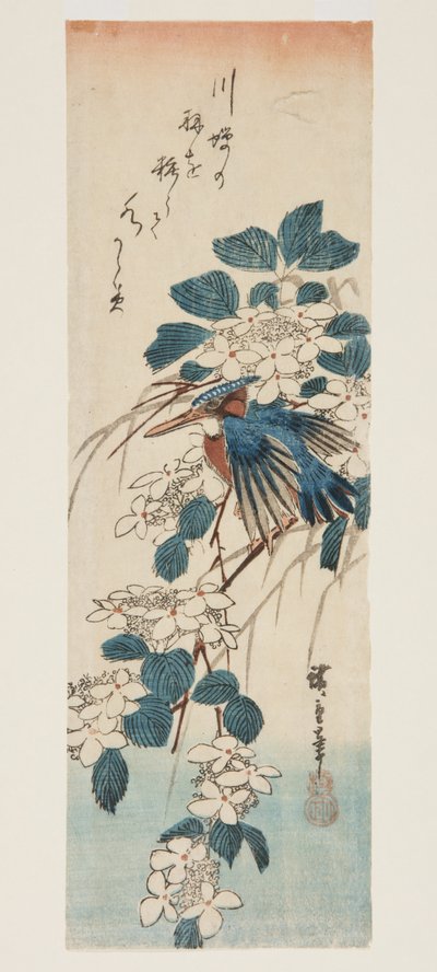 IJsvogel en Viburnum door Ando or Utagawa Hiroshige