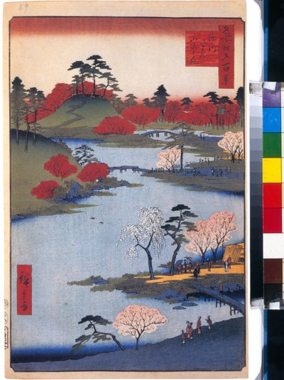 De tuin van de Hachiman-tempel in Fukagawa (honderd beroemde uitzichten van Edo) door Ando or Utagawa Hiroshige
