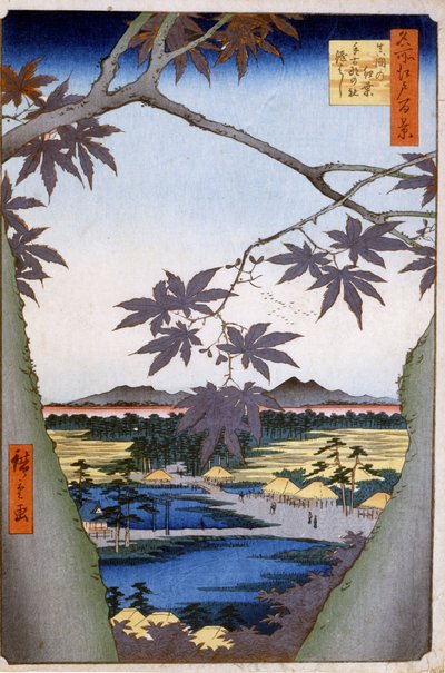 Esdoorns naar Mama met Tekona Tempel en Tsugi Brug. 1857. Prenten door Katsushika (Utagawa) Hiroshige (1797-1858). door Ando or Utagawa Hiroshige