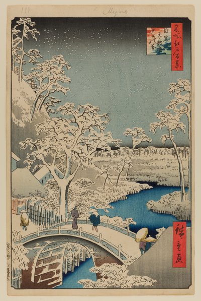Meguro Trommelbrug en Zonsondergangheuvel door Ando or Utagawa Hiroshige