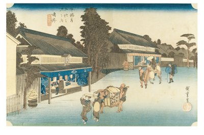 Narumi: Beroemde Arimatsu tie-dyed stof uit de serie De drieënvijftig staties van de Tokaido, ca. 1831-1834 (houtsnede op papier) door Ando or Utagawa Hiroshige