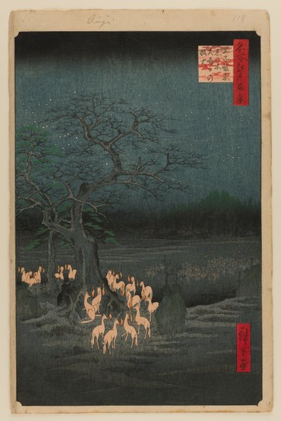 Nieuwjaarsvuur in de Changing Tree, Oji door Ando or Utagawa Hiroshige