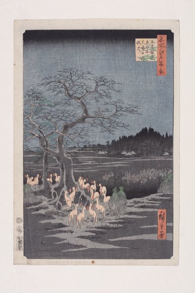 Oudejaarsavond vossenlichten bij de veranderende boom, Ōji door Ando or Utagawa Hiroshige