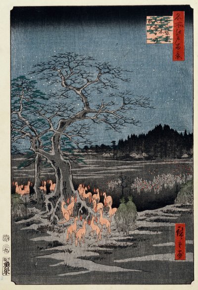 Oudejaarsavond vossenbranden bij de brandnetelboom, Oji", uit de serie "Honderd beroemde uitzichten van Edo" door Ando or Utagawa Hiroshige