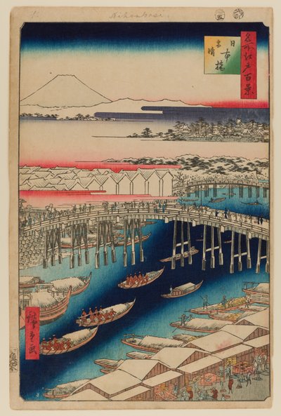 Nihonbashi, opruimen na sneeuw door Ando or Utagawa Hiroshige
