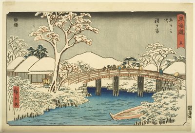 Nr. 5, Hodogaya: De Katabira-rivier en Katabira-brug door Ando or Utagawa Hiroshige