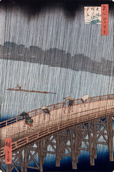 Ohashi, Plotselinge Regenbui bij Atake, uit de serie "Honderd Uitzichten van Beroemde Plaatsen in Edo" door Ando or Utagawa Hiroshige