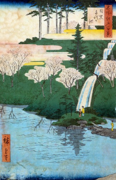 Honderd beroemde uitzichten van Edo; uitzicht op Chiyo een Meguro vijver. Japanse prent door Utagawa Hiroshige (1797-1858) 19e eeuw. Privécollectie door Ando or Utagawa Hiroshige