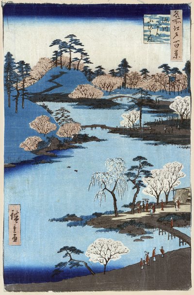 Open tuin bij Fukagawa Hachiman-schrijn, Edo, Japan, houtsnede door Ando Hiroshige door Ando or Utagawa Hiroshige