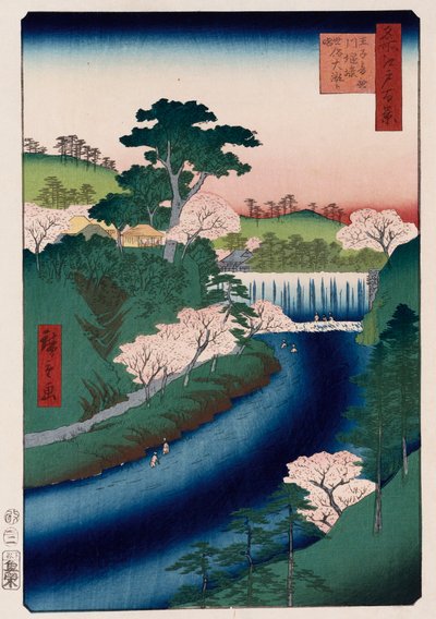 Otonashi-rivierdam, Oji, in de volksmond Grote Waterval genoemd, uit de serie Honderd uitzichten van beroemde plaatsen in Edo door Ando or Utagawa Hiroshige
