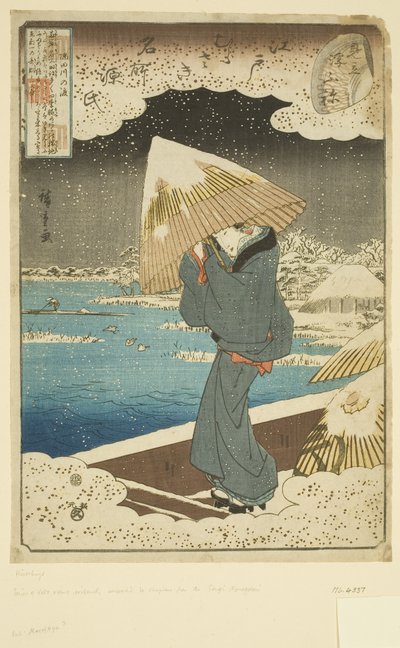 Parodie van het Ukifune Hoofdstuk: Veerboot op de Sumida Rivier door Ando or Utagawa Hiroshige