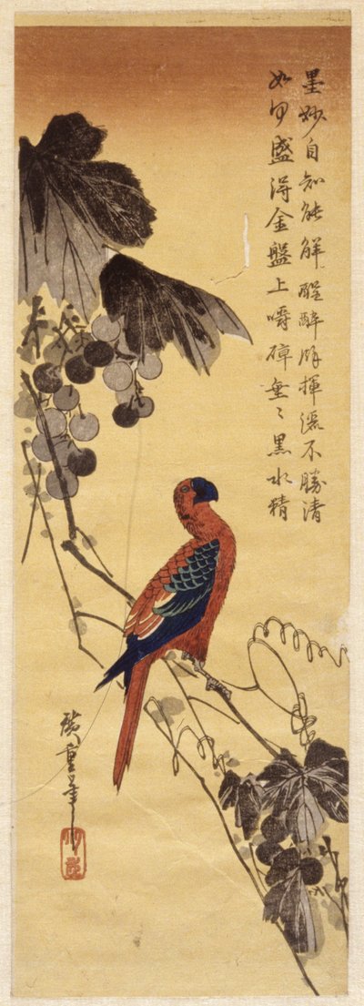 Papegaai en druivenranken door Ando or Utagawa Hiroshige